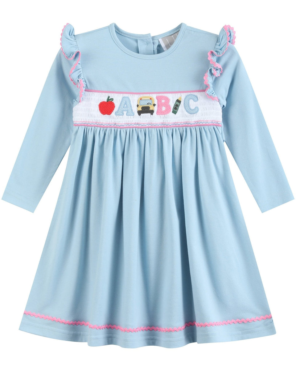 Blue Smocked Knit ABC School Dress 3T