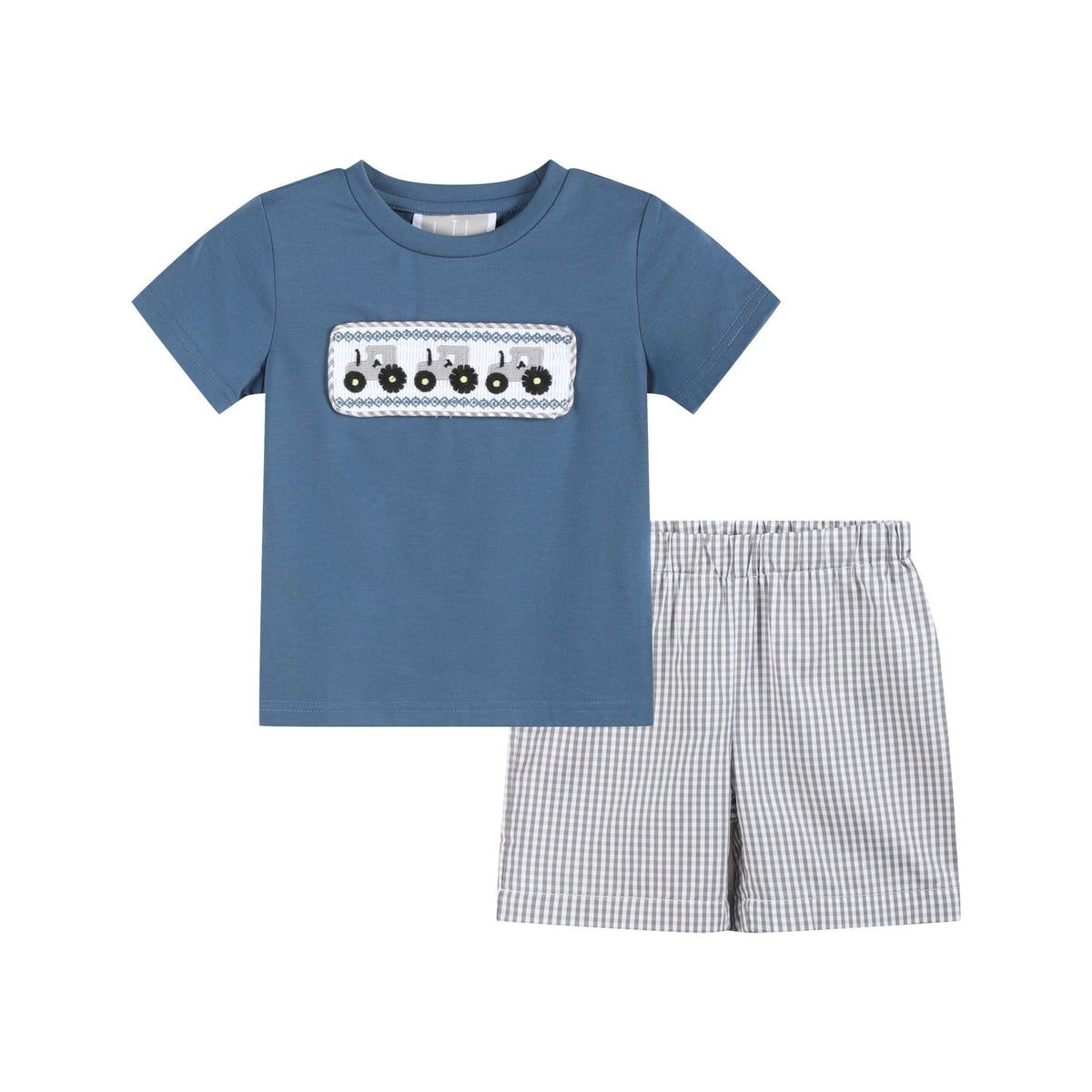 Blue Tractor Smocked Shirt and Gray Shorts Set - Lil Cactus
