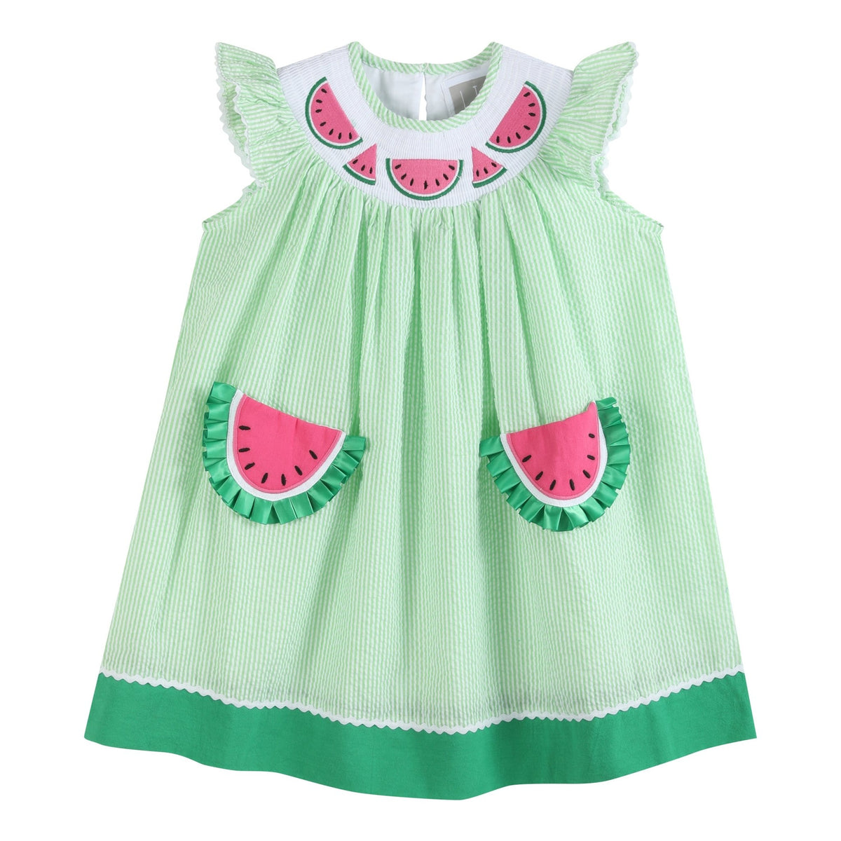 ladies watermelon dress Green Seersucker Watermelon Smocked Bishop Dress