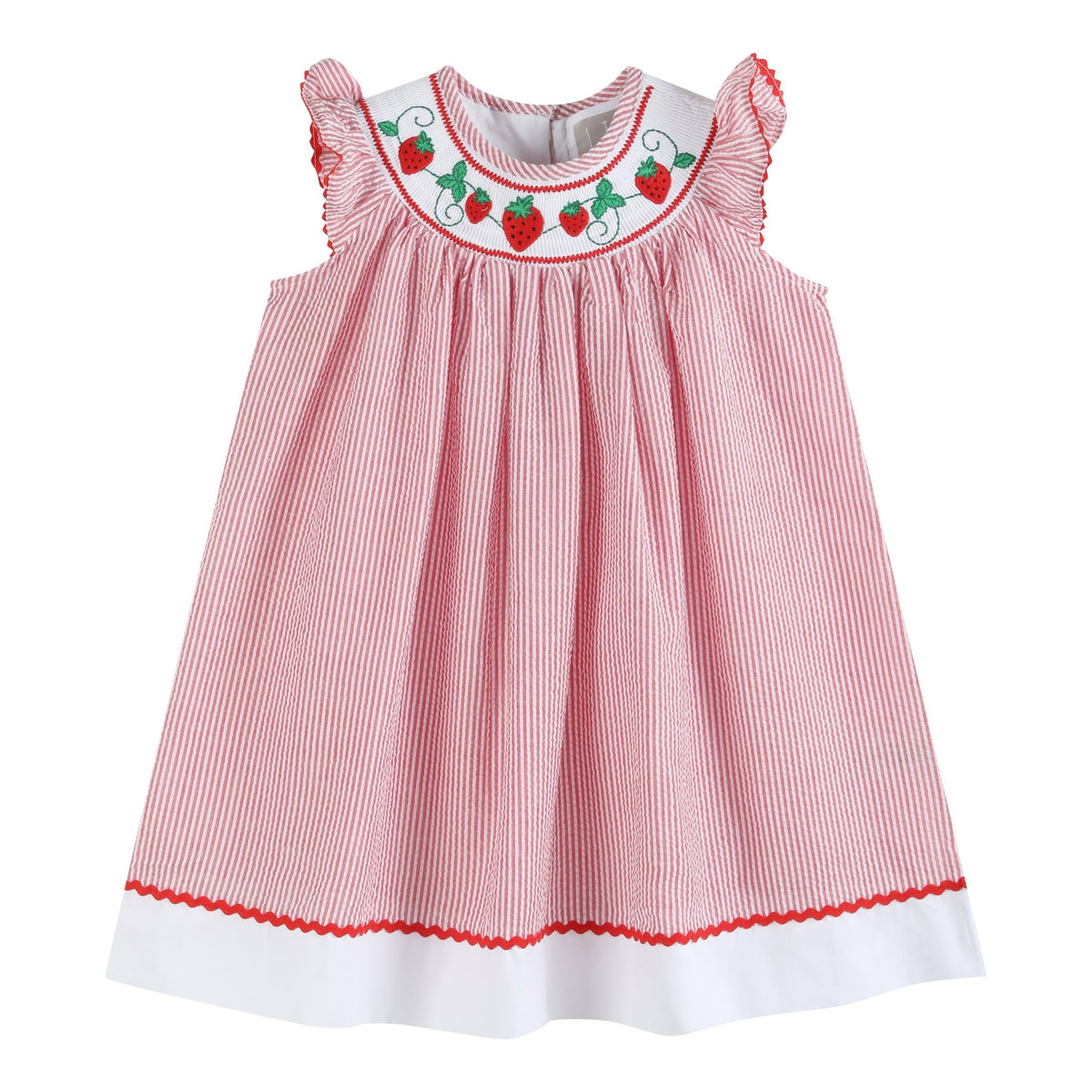 red seersucker dress Red Seersucker Strawberry Smocked Bishop Dress