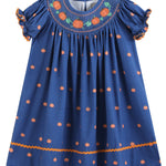 Blue Pumpkin Print Knit Smocked Bishop Dress
