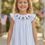 4th of July Blue Striped Stars Smocked Bishop Dress - Lil Cactus