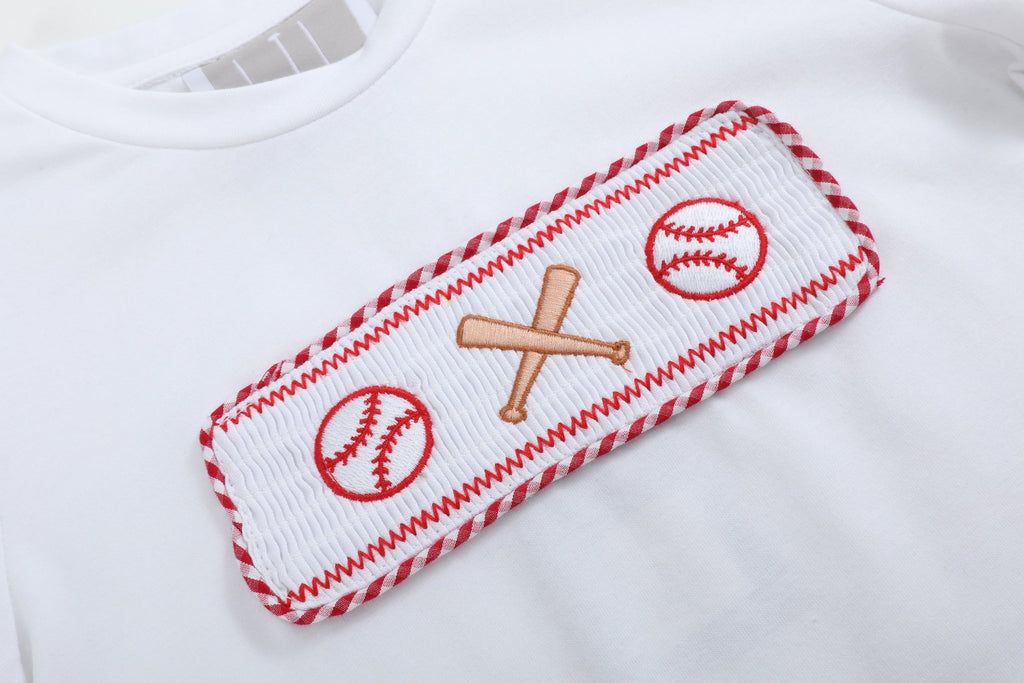 Baseball Smocked Shirt and Red Gingham Shorts Set - Lil Cactus