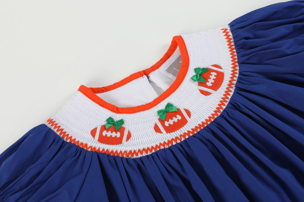 Blue and Orange Football Smocked Bishop Dress - Lil Cactus