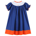 Blue and Orange Football Smocked Bishop Dress - Lil Cactus