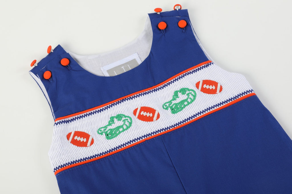 Blue and Orange Football Smocked Overalls - Lil Cactus