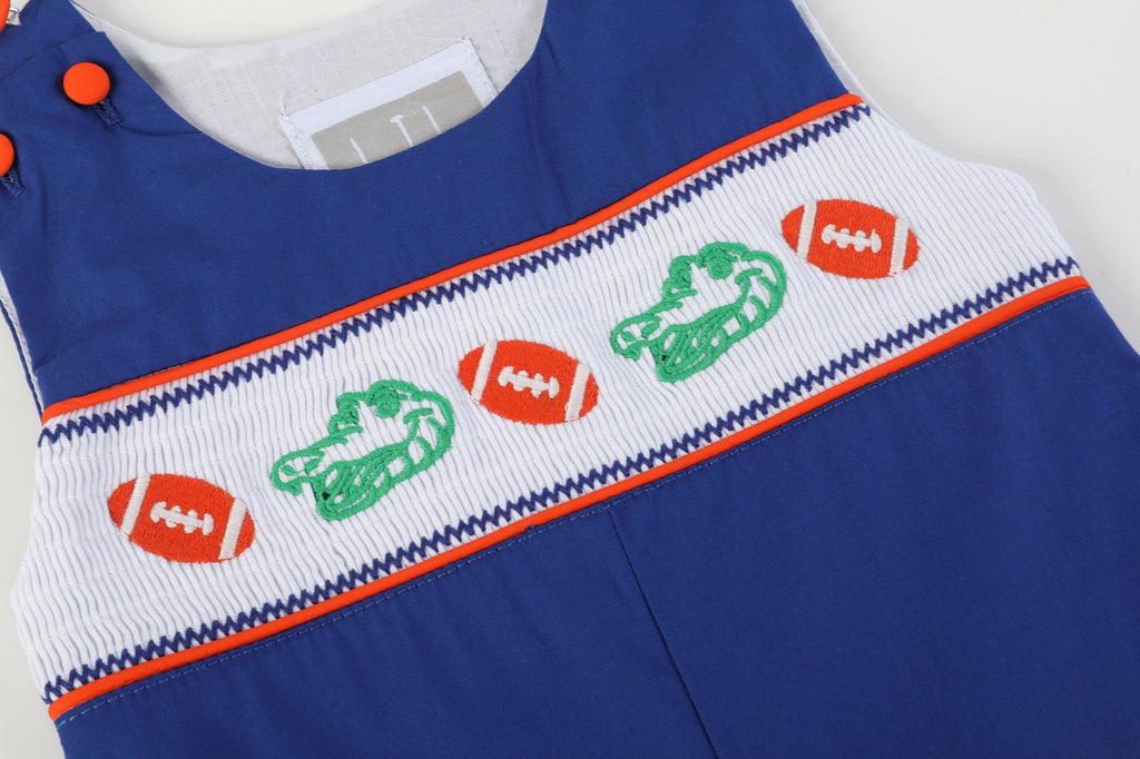 Blue and Orange Football Smocked Overalls - Lil Cactus