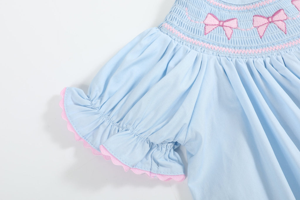 Blue and Pink Bow Smocked Bishop Dress - Lil Cactus