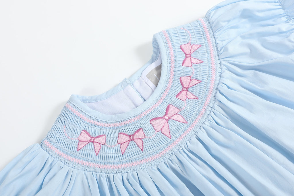 Blue and Pink Bow Smocked Bishop Dress - Lil Cactus