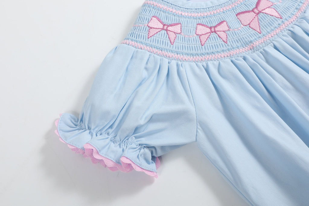Blue and Pink Bow Smocked Romper - Lil Cactus