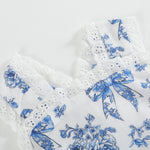 Blue and White Print Apron Ruffle Romper - Lil Cactus