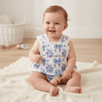 Blue and White Print Apron Ruffle Romper - Lil Cactus