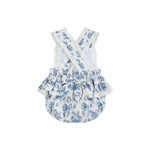 Blue and White Print Apron Ruffle Romper - Lil Cactus