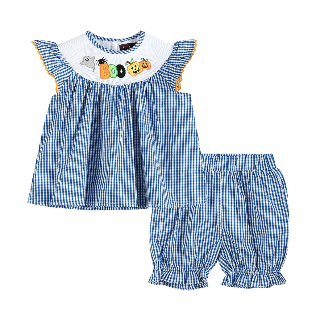 Blue 'Boo' Gingham Smocked Top and Bloomers Set - Lil Cactus