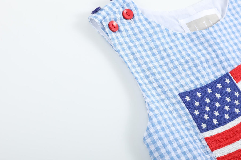 Blue Gingham American Flag Pocket Shortalls - Lil Cactus