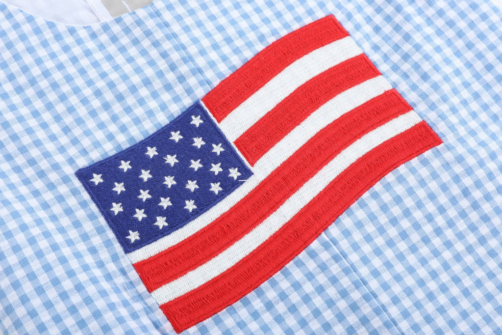 Blue Gingham American Flag Pocket Shortalls - Lil Cactus