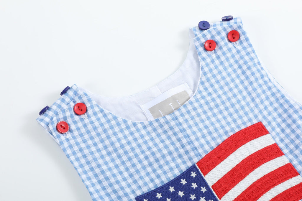 Blue Gingham American Flag Pocket Shortalls - Lil Cactus