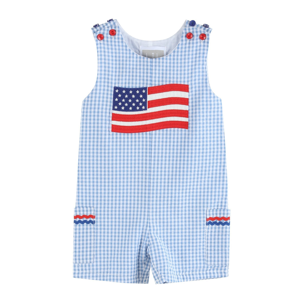 Blue Gingham American Flag Pocket Shortalls - Lil Cactus