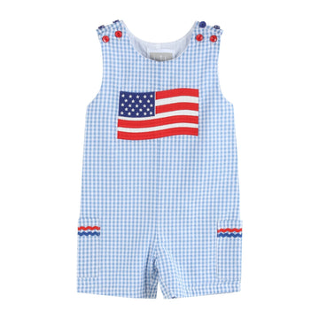 Blue Gingham American Flag Pocket Shortalls - Lil Cactus
