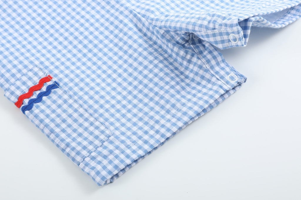 Blue Gingham American Flag Pocket Shortalls - Lil Cactus