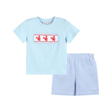 Blue Gingham Crawfish Smocked Shirt and Shorts Set - Lil Cactus
