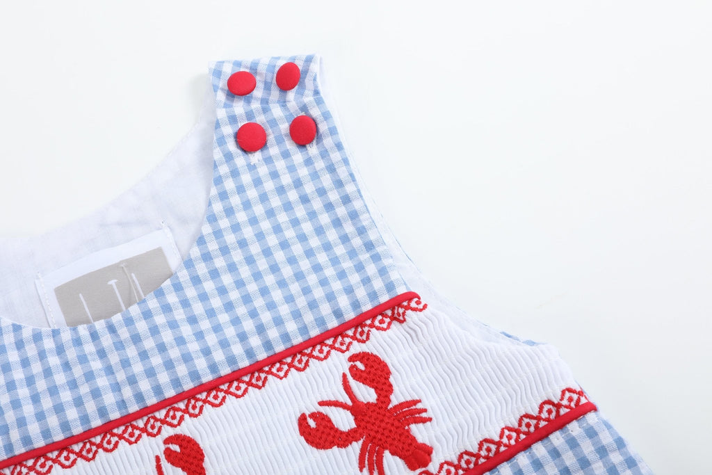 Blue Gingham Crawfish Smocked Shortalls - Lil Cactus