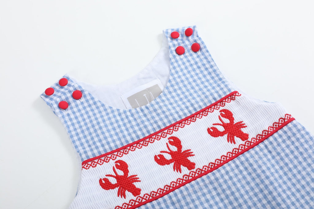 Blue Gingham Crawfish Smocked Shortalls - Lil Cactus