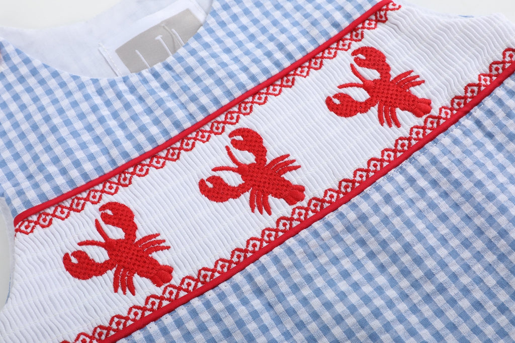 Blue Gingham Crawfish Smocked Shortalls - Lil Cactus