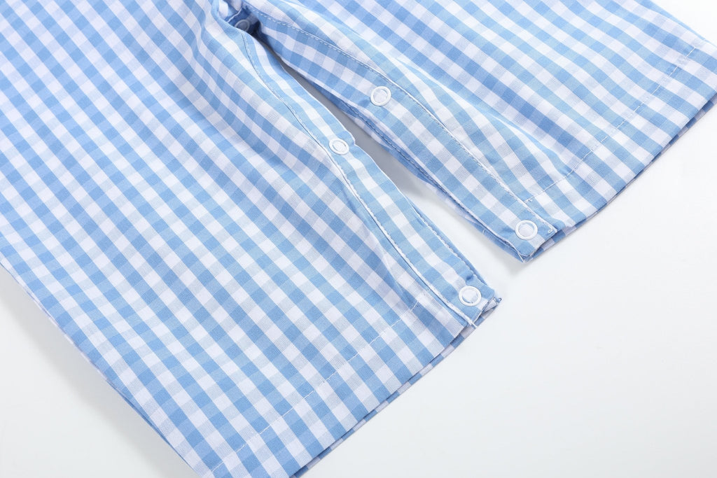 Blue Gingham Emergency Vehicles Smocked Overalls - Lil Cactus