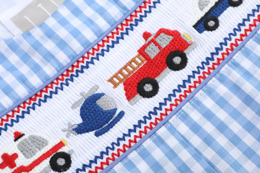 Blue Gingham Emergency Vehicles Smocked Overalls - Lil Cactus
