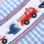 Blue Gingham Emergency Vehicles Smocked Overalls - Lil Cactus