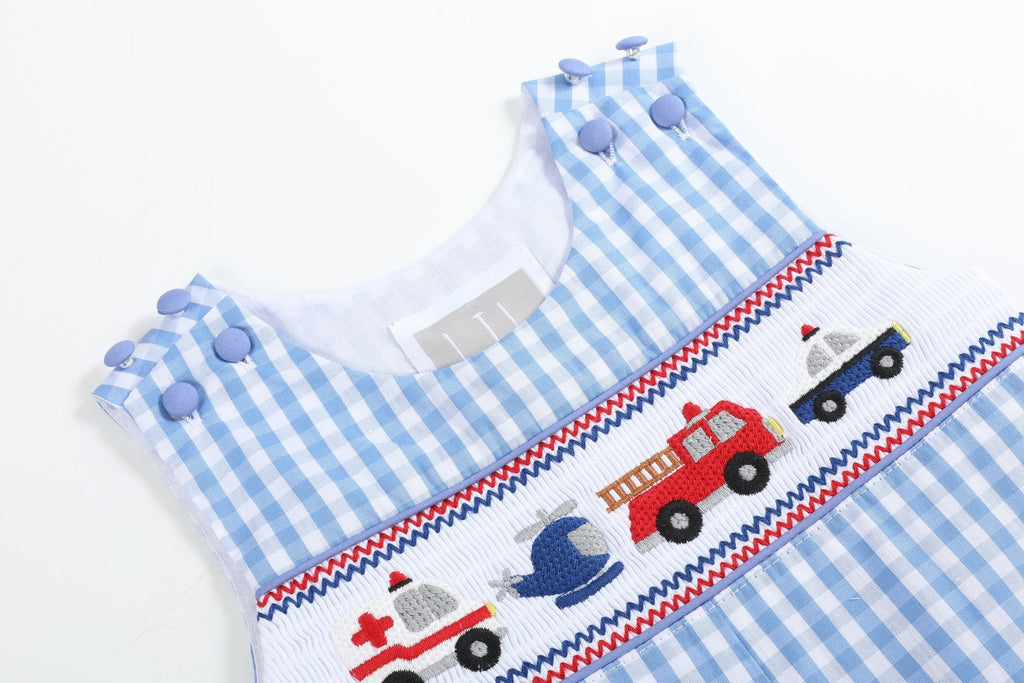 Blue Gingham Emergency Vehicles Smocked Overalls - Lil Cactus