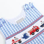 Blue Gingham Emergency Vehicles Smocked Overalls - Lil Cactus