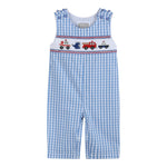 Blue Gingham Emergency Vehicles Smocked Overalls - Lil Cactus