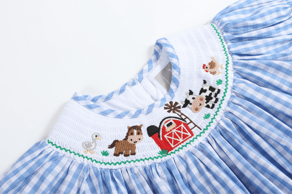 Blue Gingham Farm Smocked Bishop Dress - Lil Cactus
