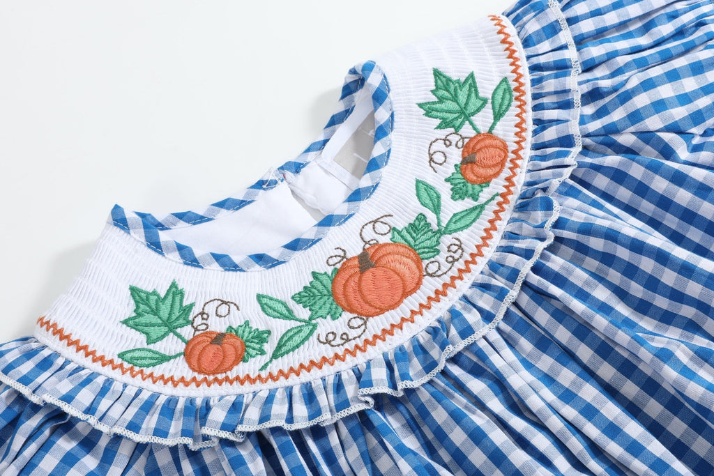 Blue Gingham Pumpkin Smocked Ruffle Bishop Dress - Lil Cactus