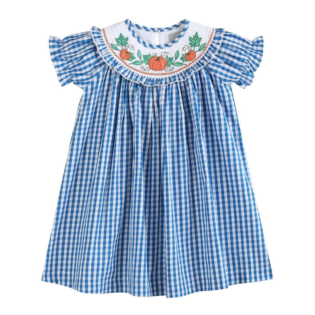 Blue Gingham Pumpkin Smocked Ruffle Bishop Dress - Lil Cactus