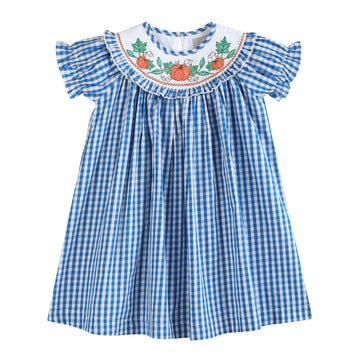 Blue Gingham Pumpkin Smocked Ruffle Bishop Dress - Lil Cactus