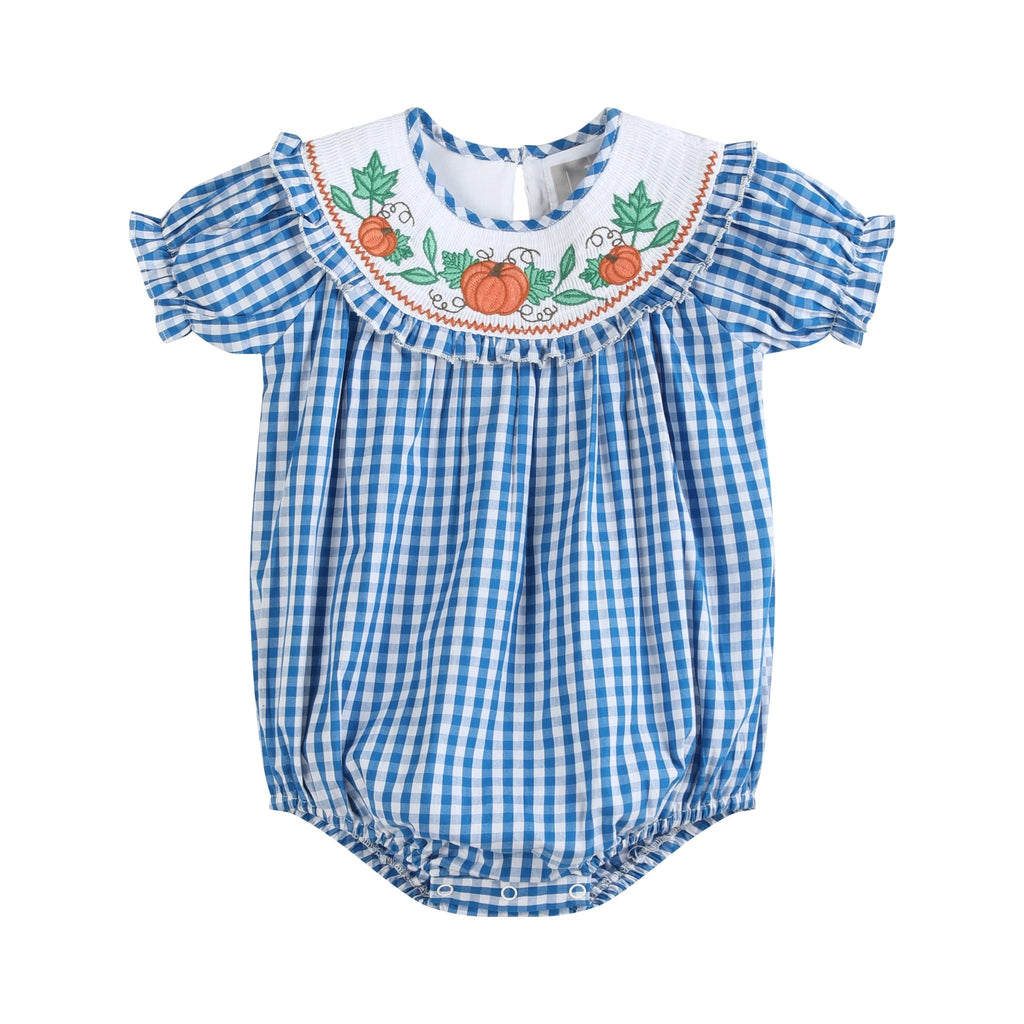 Blue Gingham Pumpkin Smocked Ruffle Romper - Lil Cactus