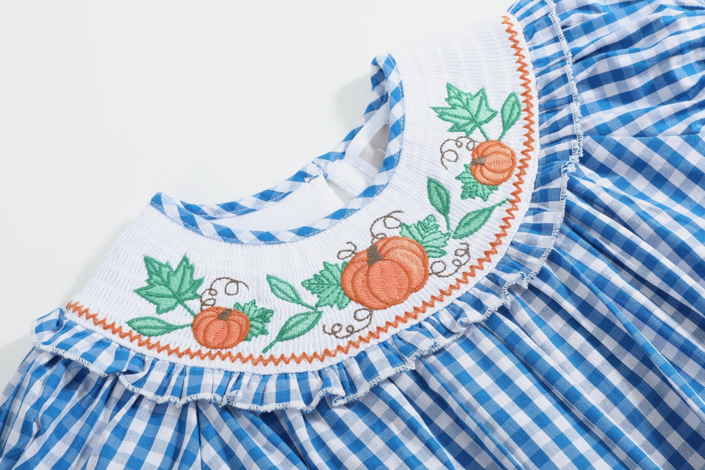 Blue Gingham Pumpkin Smocked Ruffle Romper - Lil Cactus