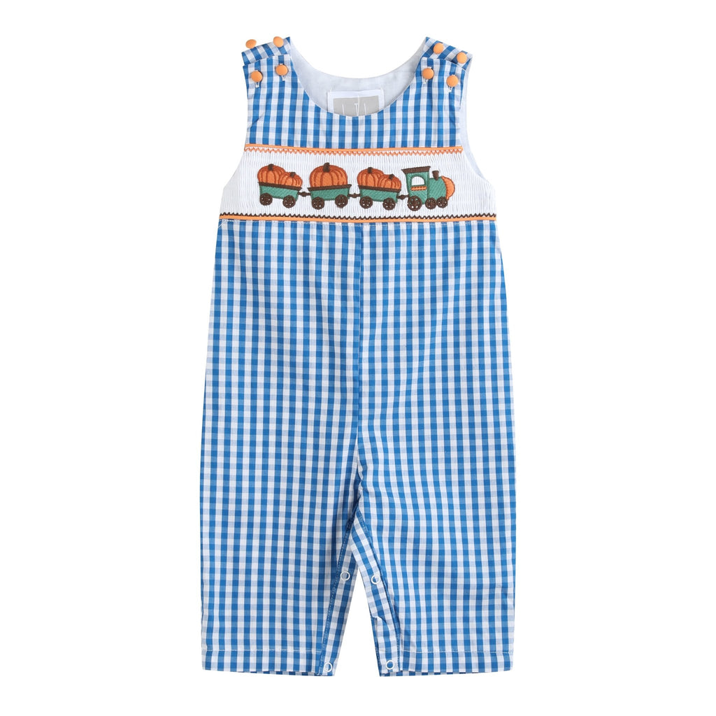 Blue Gingham Pumpkin Train Smocked Overalls - Lil Cactus