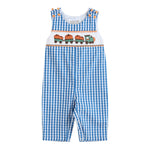 Blue Gingham Pumpkin Train Smocked Overalls - Lil Cactus