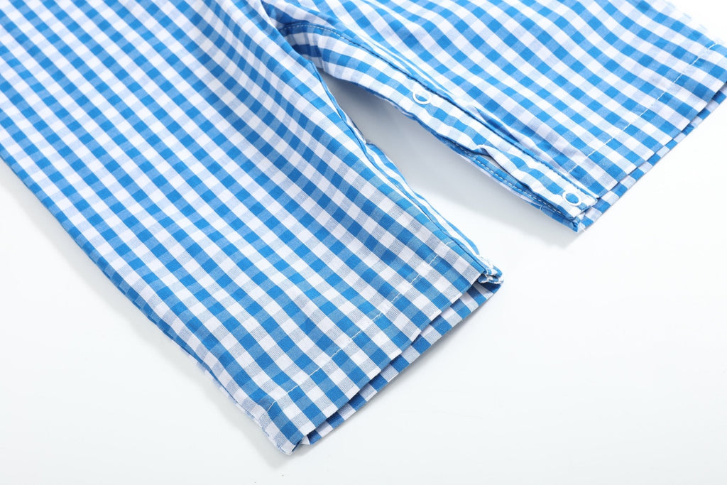 Blue Gingham Pumpkin Train Smocked Overalls - Lil Cactus