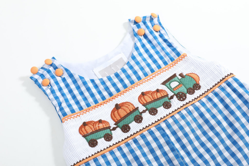 Blue Gingham Pumpkin Train Smocked Overalls - Lil Cactus