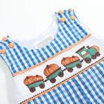 Blue Gingham Pumpkin Train Smocked Overalls - Lil Cactus