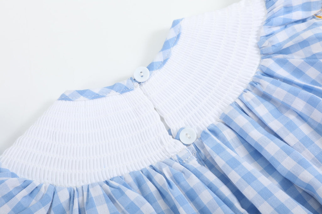 Blue Gingham Sunflower Smocked Bishop Dress - Lil Cactus