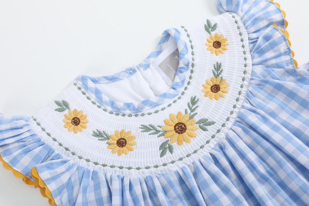Blue Gingham Sunflower Smocked Bishop Dress - Lil Cactus