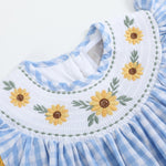 Blue Gingham Sunflower Smocked Bishop Dress - Lil Cactus