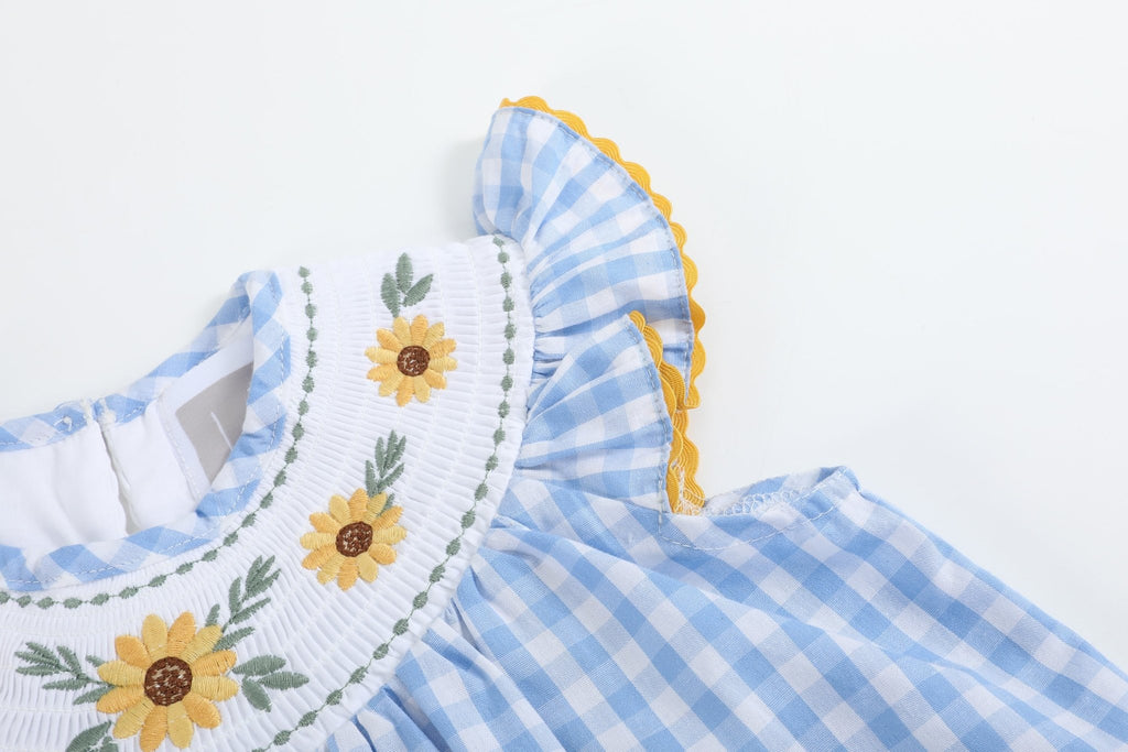 Blue Gingham Sunflower Smocked Bishop Dress - Lil Cactus