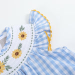Blue Gingham Sunflower Smocked Bishop Dress - Lil Cactus